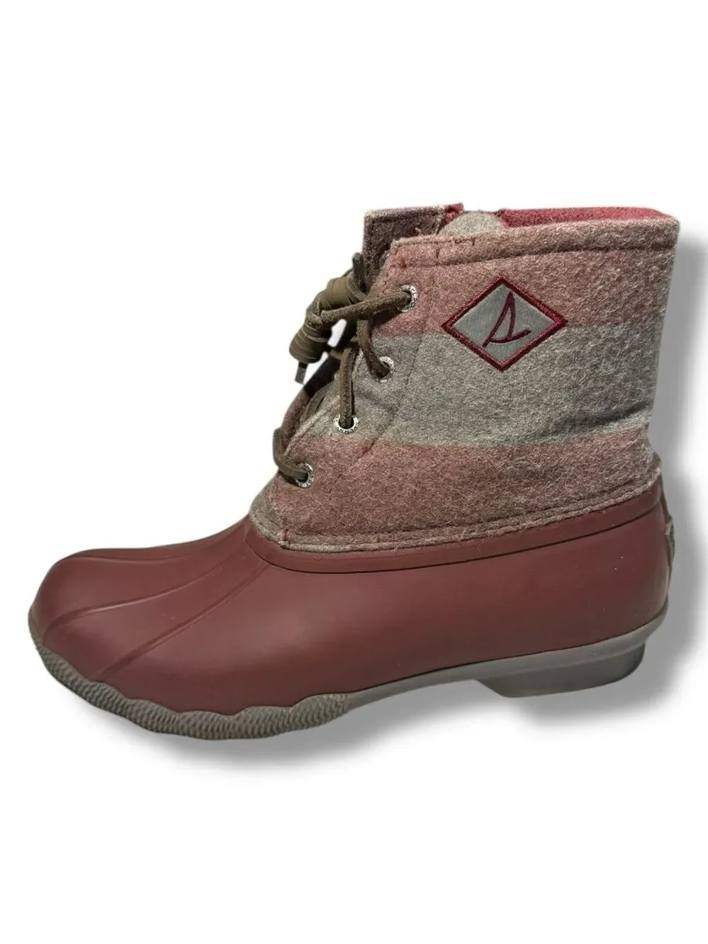 Sperry Women’s Saltwater Varsity Stripe Booties Maroon Grey Size 8